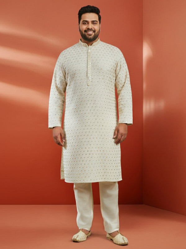 Men's Off White Sequin Embroidered Kurta with Cream Pant